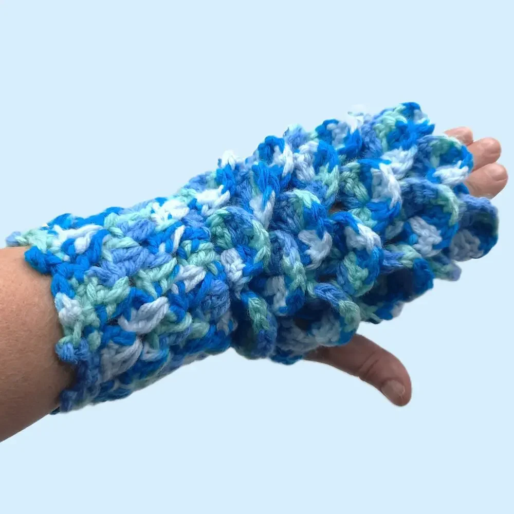 Crochet Fingerless Gloves Dragon Scale Handmade Blue Mermaid Texting Crocodile
